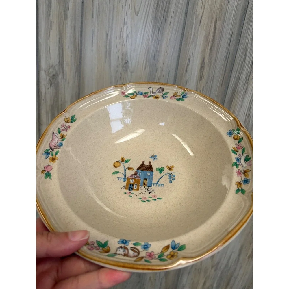 International Stoneware Japan Heartlands Soup Pasta Bowl Folk Art House 9 Inch